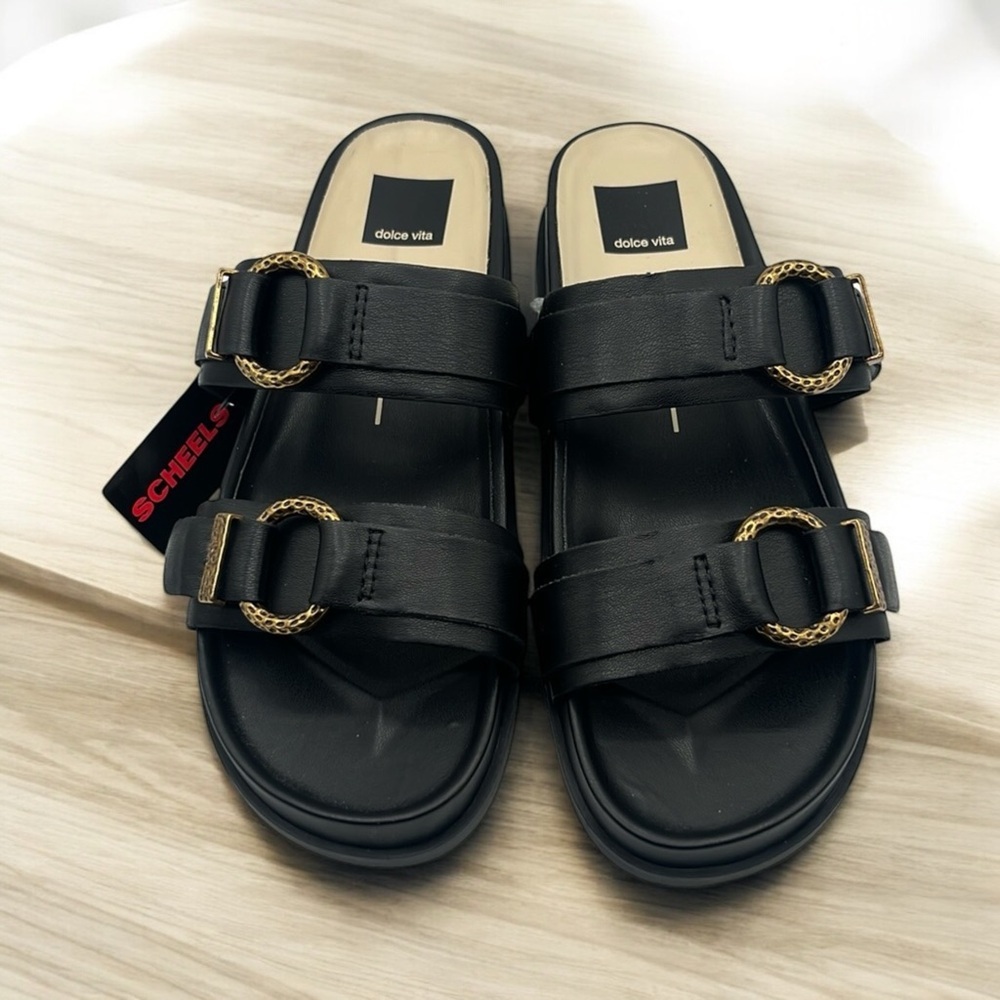 NWT DOLCE VITA SOYA BLACK LEATHER BUCKLE SANDALS SIZE 9